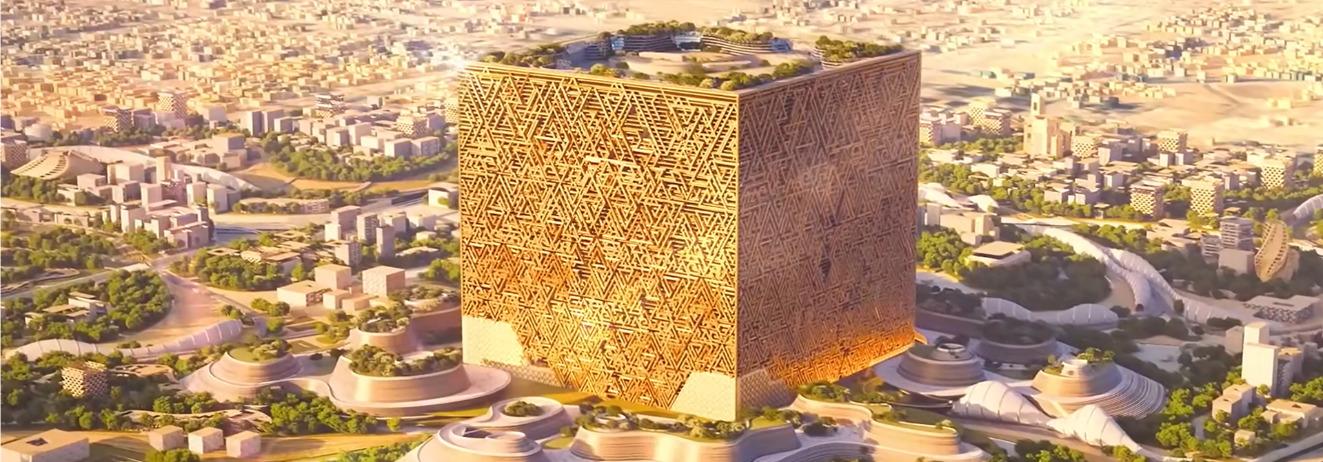 Futuristic golden building in cityscape